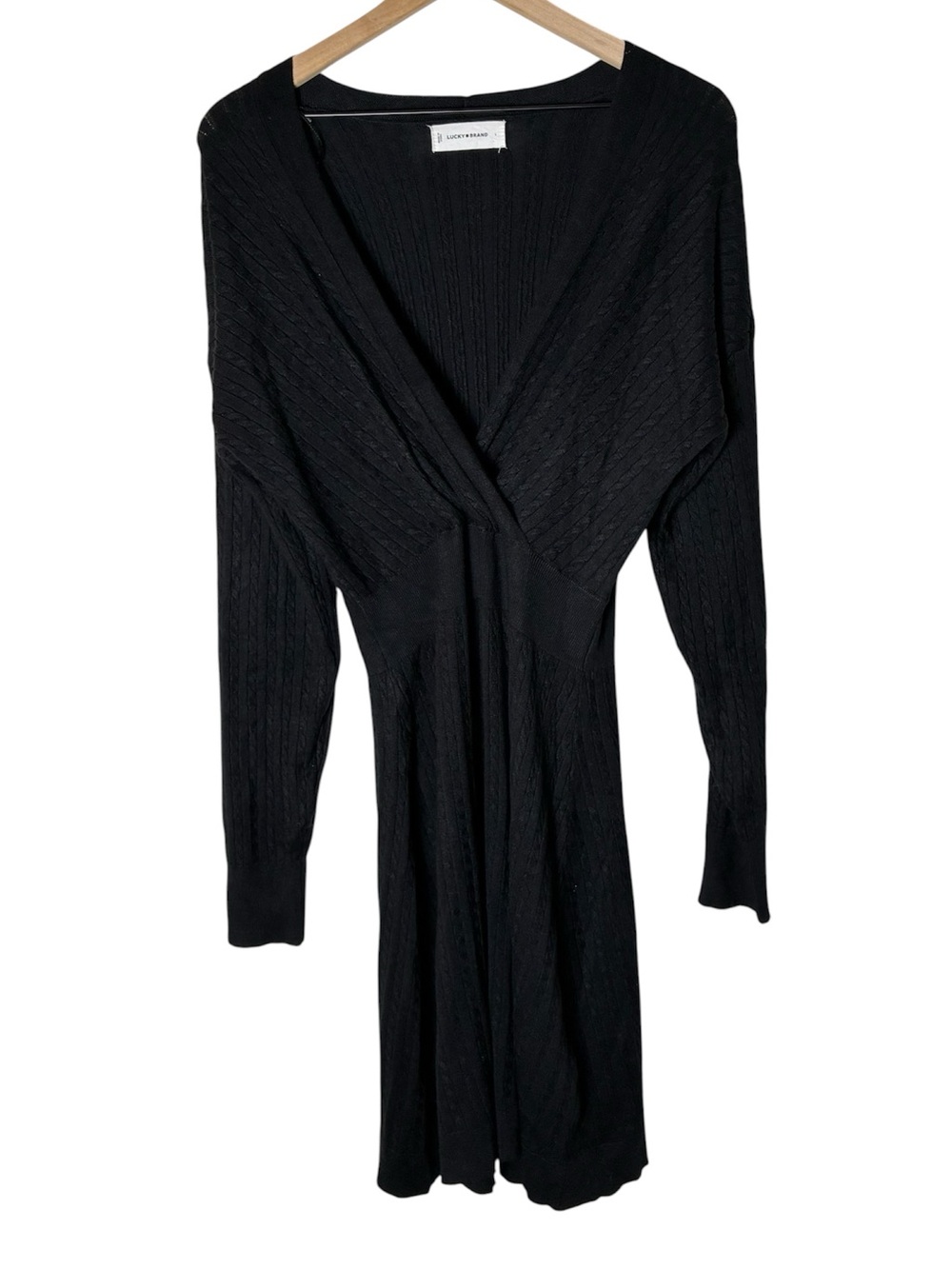 Lucky Brand long sleeve black knit sweater dress ribbed V-neck wrap style